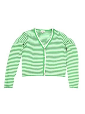 ON 34th Green White Stripe Cardigan Small Soft Cropped Sweater